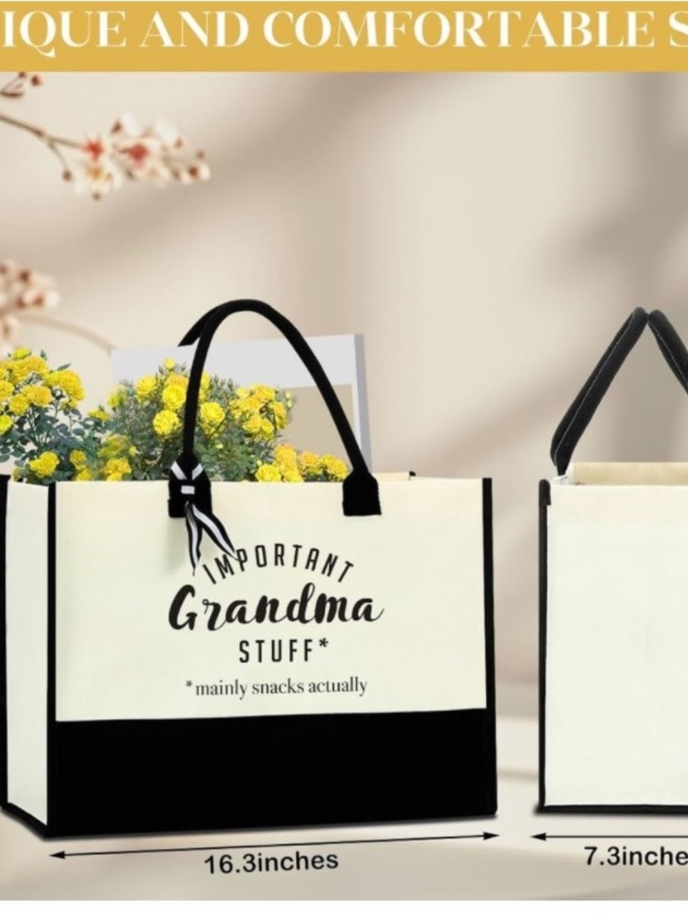 Important Grandma Stuff Canvas Tote Bag - Black & Cream - Picture 4 of 8
